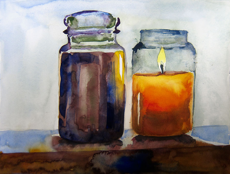 Two Candles, A Still Life in Watercolor Paint