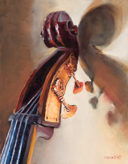 An Homage to my Bass, Oil on Board, 11in x 14in. I had an upright bass for a bit, and after it sat for a year or so, I decided to sell it. But before I did I made a painting of the headstock. I really like how the reflection of light off the tuning machines glow in the shadow cast on the wall, and the contrast of cool light on the fingerboard and strings against the warm tones in the varnish.