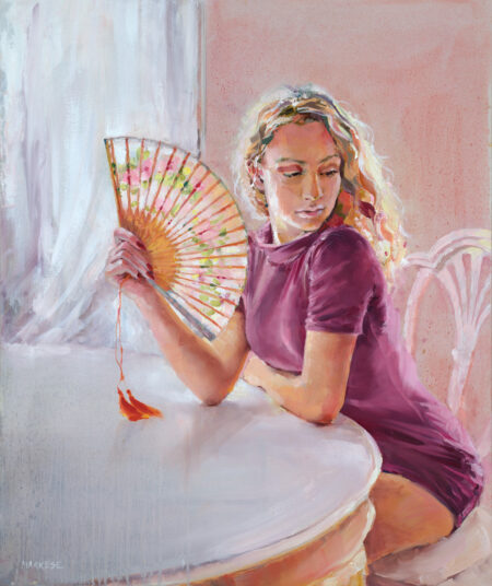"Summer Respite" 24in x 20in, Oil on Panel, showcases a young model seeking solace from the scorching sun, gracefully fanning herself with an ornate folding fan adorned with a delicate floral motif.