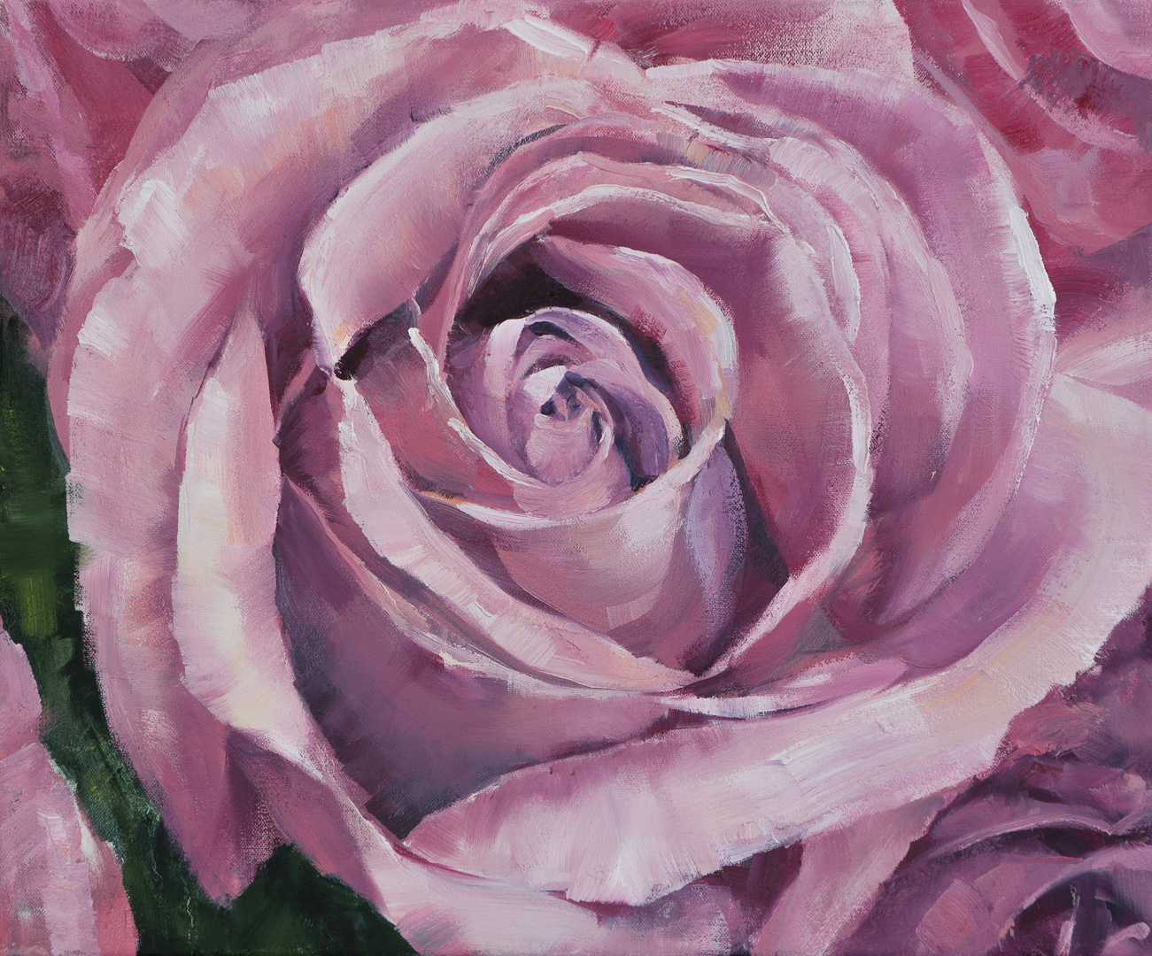 A Rose. Oil on canvas. This floral detail features vibrant magentas against deep rich violet shadows. The petals are painted with energy and confidence allowing the brush to scumble pigment over pigment.