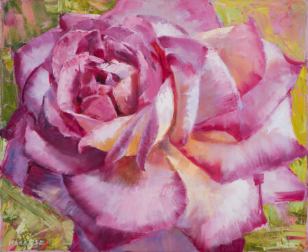 Bulgarian Rose, Oil on canvas. The painting is of a single rose thriving in a quiet Bulgarian park, a country renowned for rose agriculture.