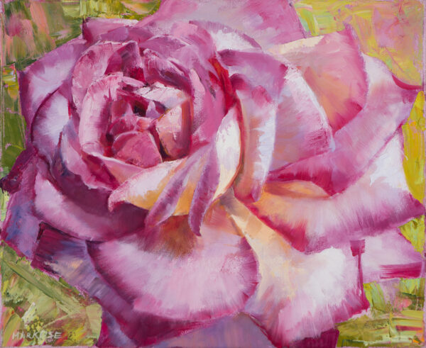 Bulgarian Rose, Oil on canvas. The painting is of a single rose thriving in a quiet Bulgarian park, a country renowned for rose agriculture.