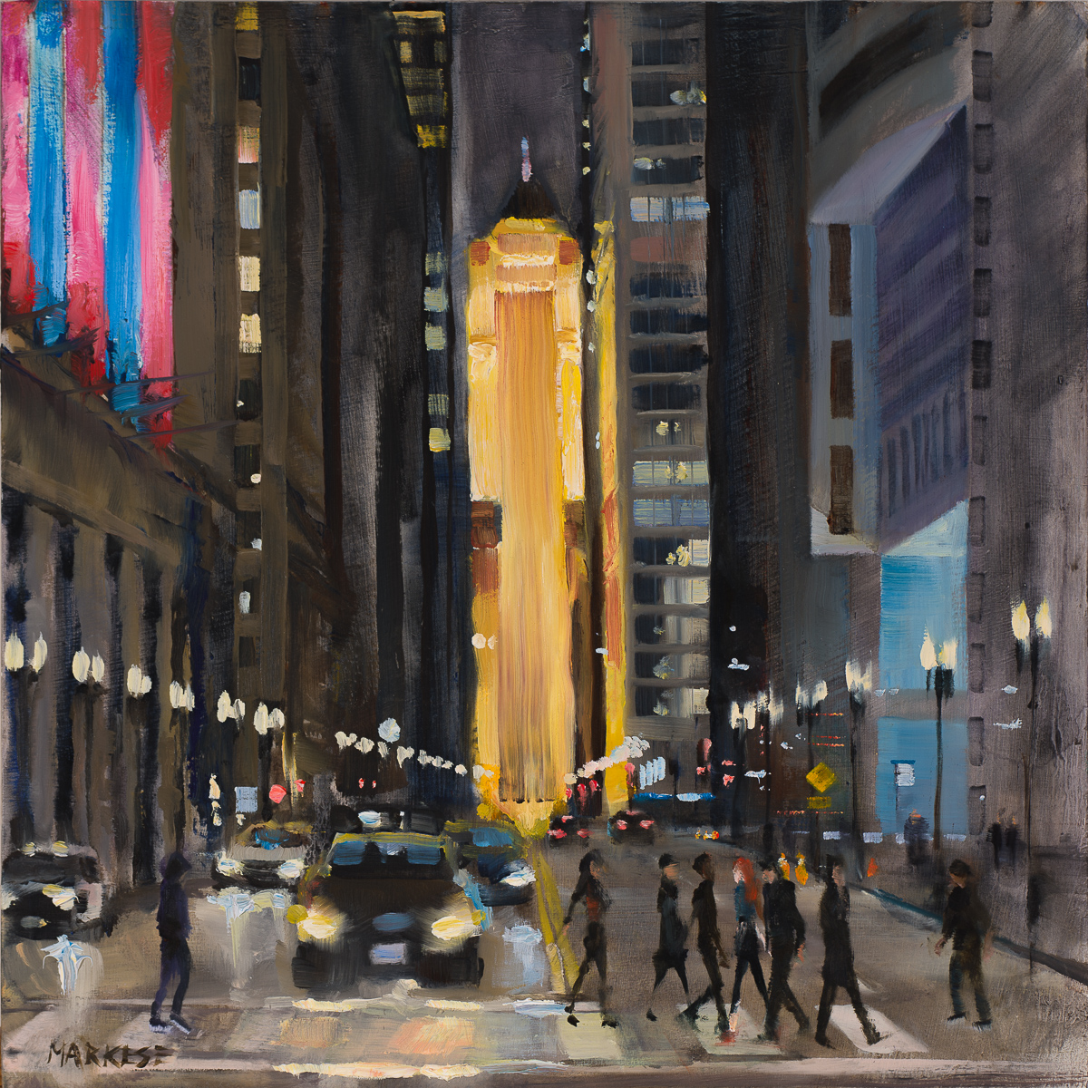 "LaSalle Street Canyon" 12 in x 12 in oil on panel, captures the vibrant energy of LaSalle St in Chicago