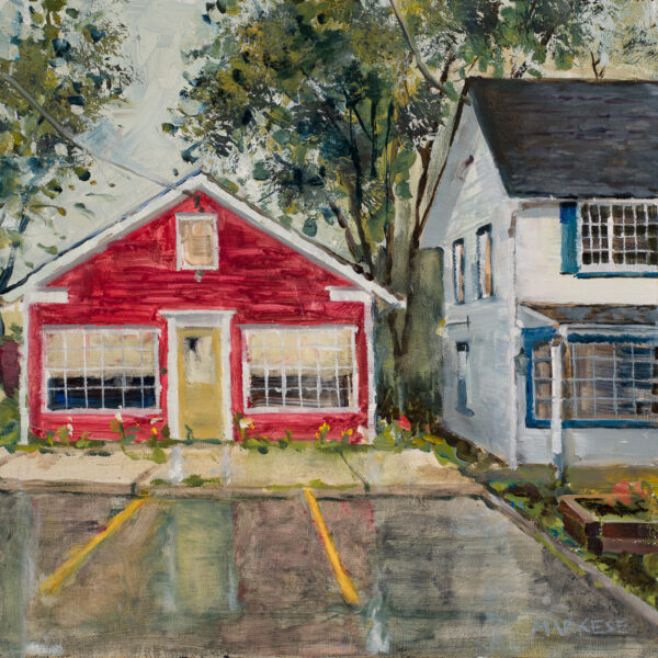 "The Dog House" 12 in x 12 in oil on panel, captures the quaint energy of small town life.